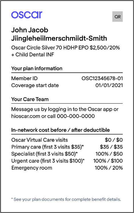 Oscar Health ID Card Front