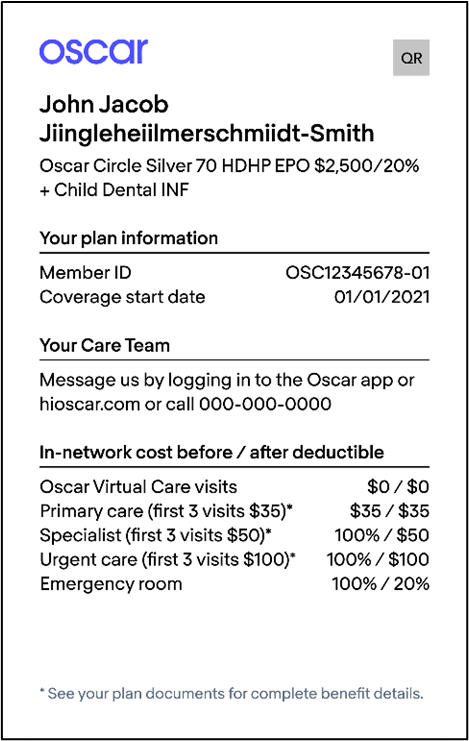 Oscar Health ID Card Front Oscar Health ID Card Front